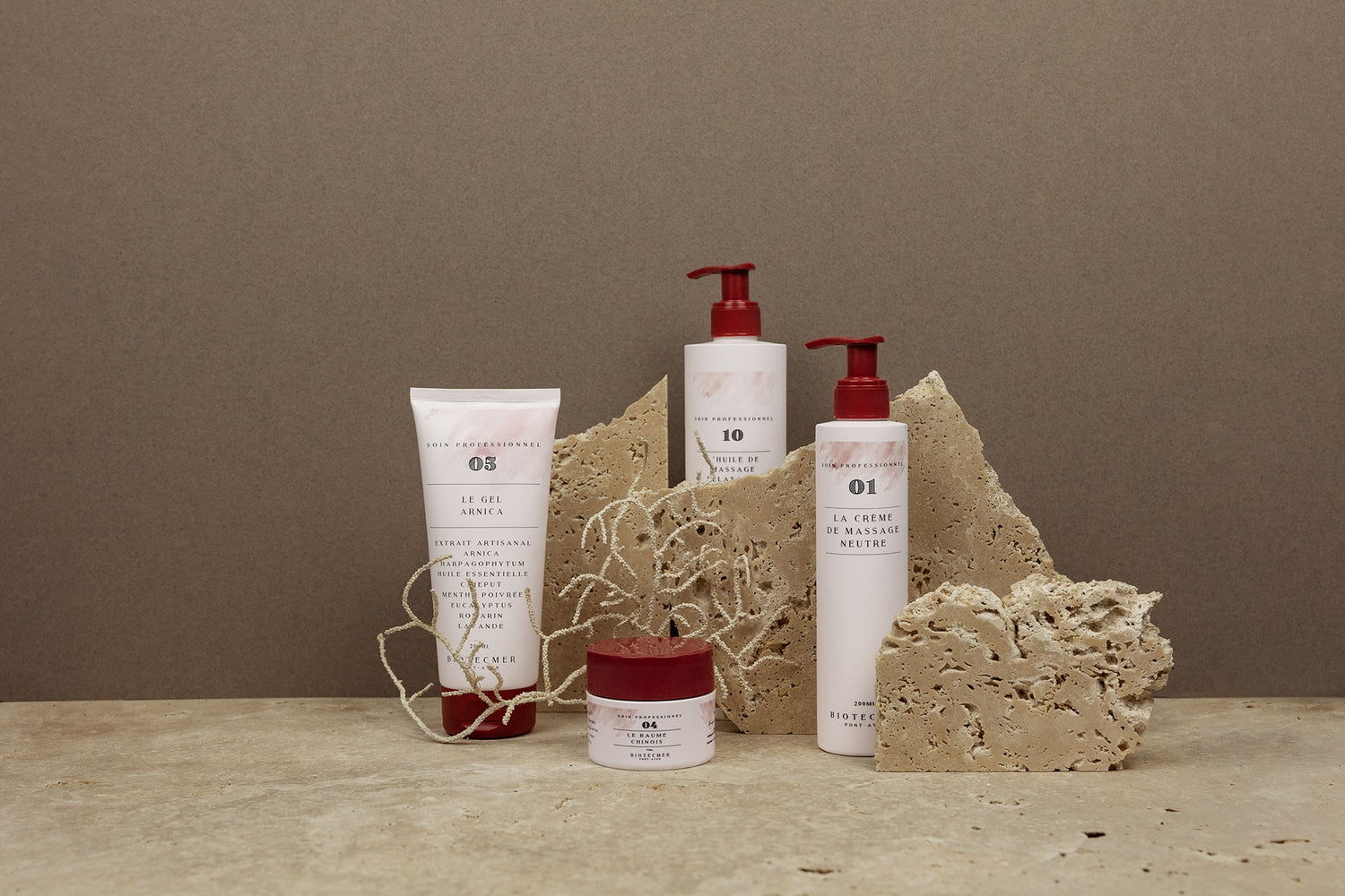 Gamme musculaire Biotecmer — gel arnica, huile de massage, crème de massage et baume chinois naturels aux actifs marins